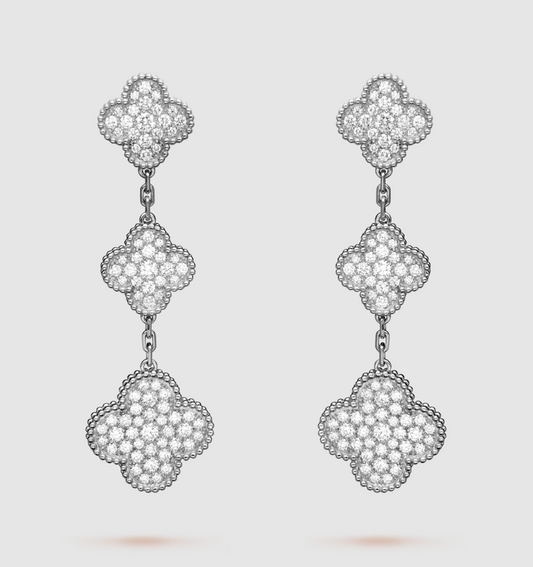[Vellora Opalyn]CLOVER 3 MOTIF DIAMOND SILVER DROP EARRINGS