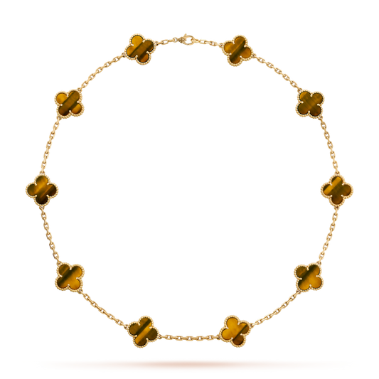 [Vellora Opalyn]CLOVER 10 MOTIFS TIGER EYE NECKLACE