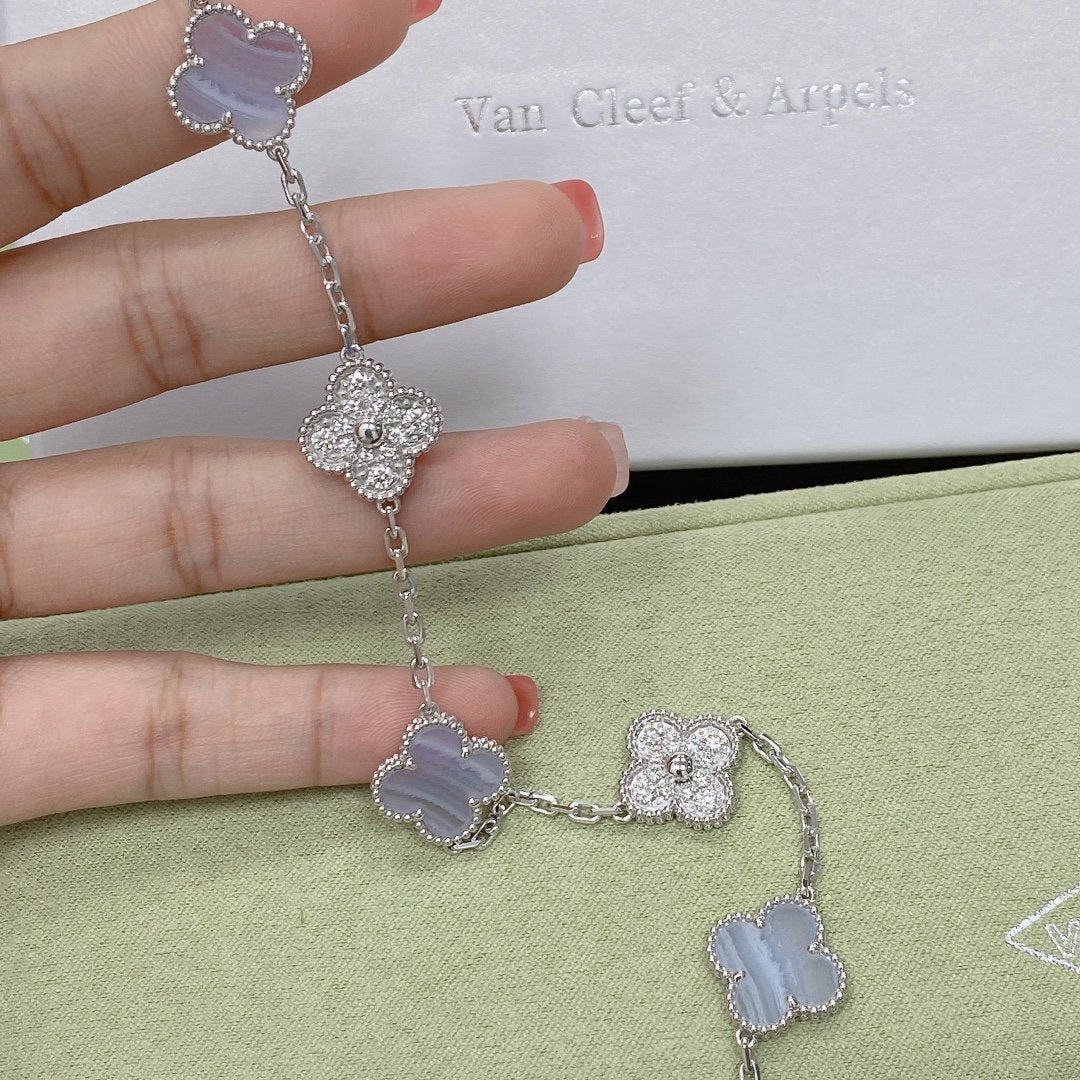 [Vellora Opalyn]CLOVER  5 MOTIF DIAMOND PURPLE CHALCEDONY BRACELET SILVER