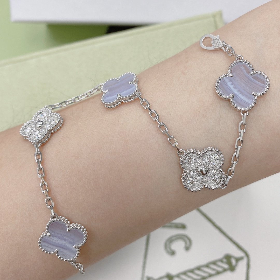 [Vellora Opalyn]CLOVER  5 MOTIF DIAMOND PURPLE CHALCEDONY BRACELET SILVER