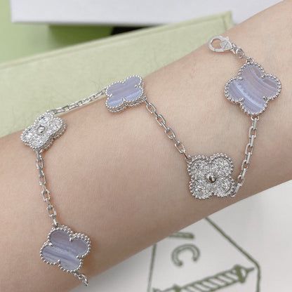 [Vellora Opalyn]CLOVER  5 MOTIF DIAMOND PURPLE CHALCEDONY BRACELET SILVER