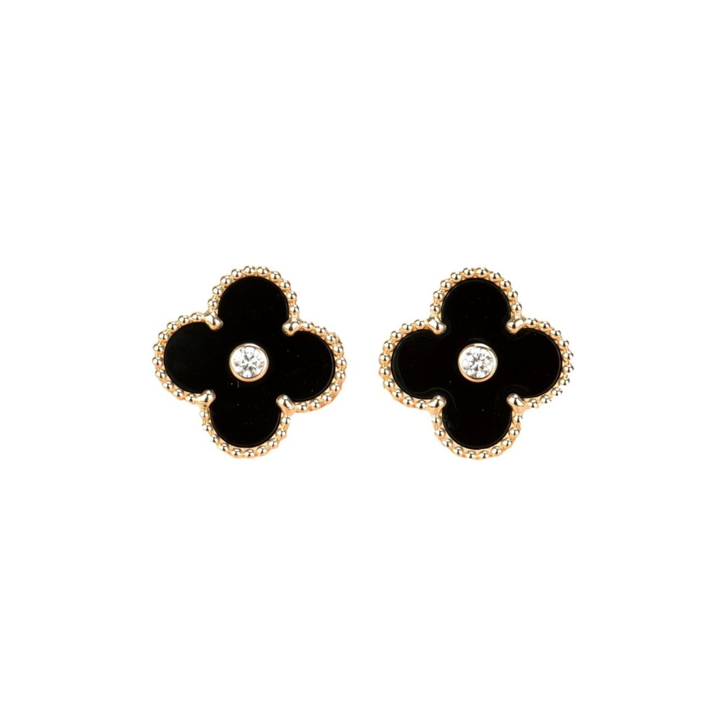 [Vellora Opalyn]CLOVER MEDIUM 1 MOTIFS ONYX DIAMOND EARRINGS