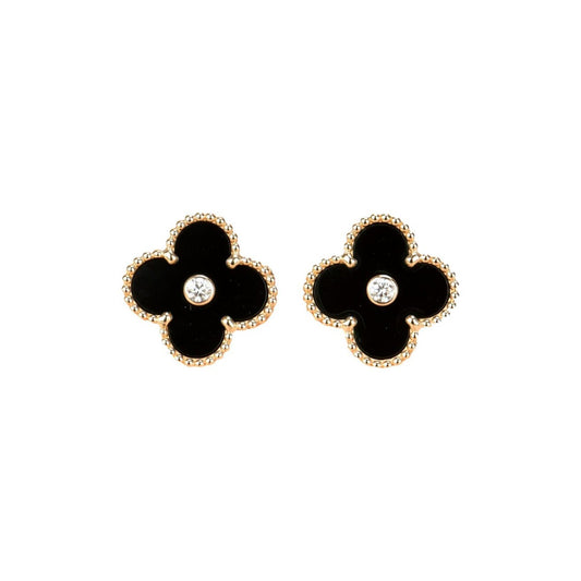 [Vellora Opalyn]CLOVER MEDIUM 1 MOTIFS ONYX DIAMOND EARRINGS