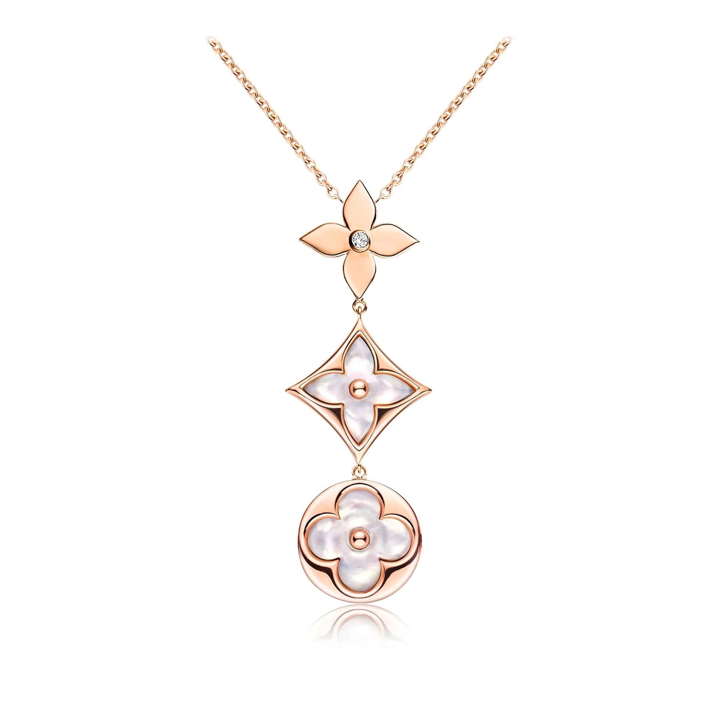 [Vellora Opalyn]COLOR BLOSSOM LARIAT NECKLACE PINK GOLD WHITE MOTHER PEARL AND DIAMOND
