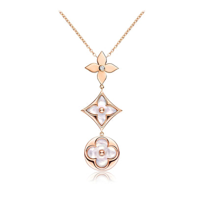 [Vellora Opalyn]COLOR BLOSSOM LARIAT NECKLACE PINK GOLD WHITE MOTHER PEARL AND DIAMOND