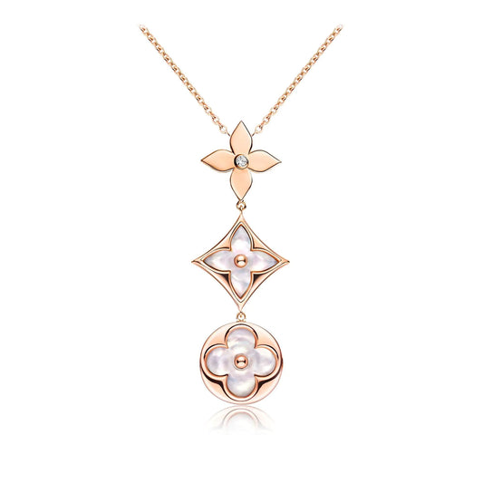 [Vellora Opalyn]COLOR BLOSSOM LARIAT NECKLACE PINK GOLD WHITE MOTHER PEARL AND DIAMOND