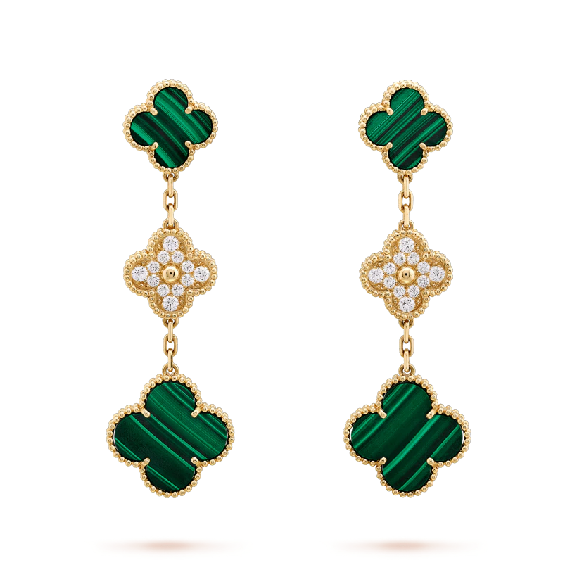 [Vellora Opalyn]CLOVER EARRINGS GOLD MALACHITE DIAMOND 3 MOTIF