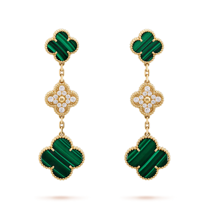 [Vellora Opalyn]CLOVER EARRINGS GOLD MALACHITE DIAMOND 3 MOTIF