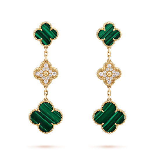[Vellora Opalyn]CLOVER EARRINGS GOLD MALACHITE DIAMOND 3 MOTIF