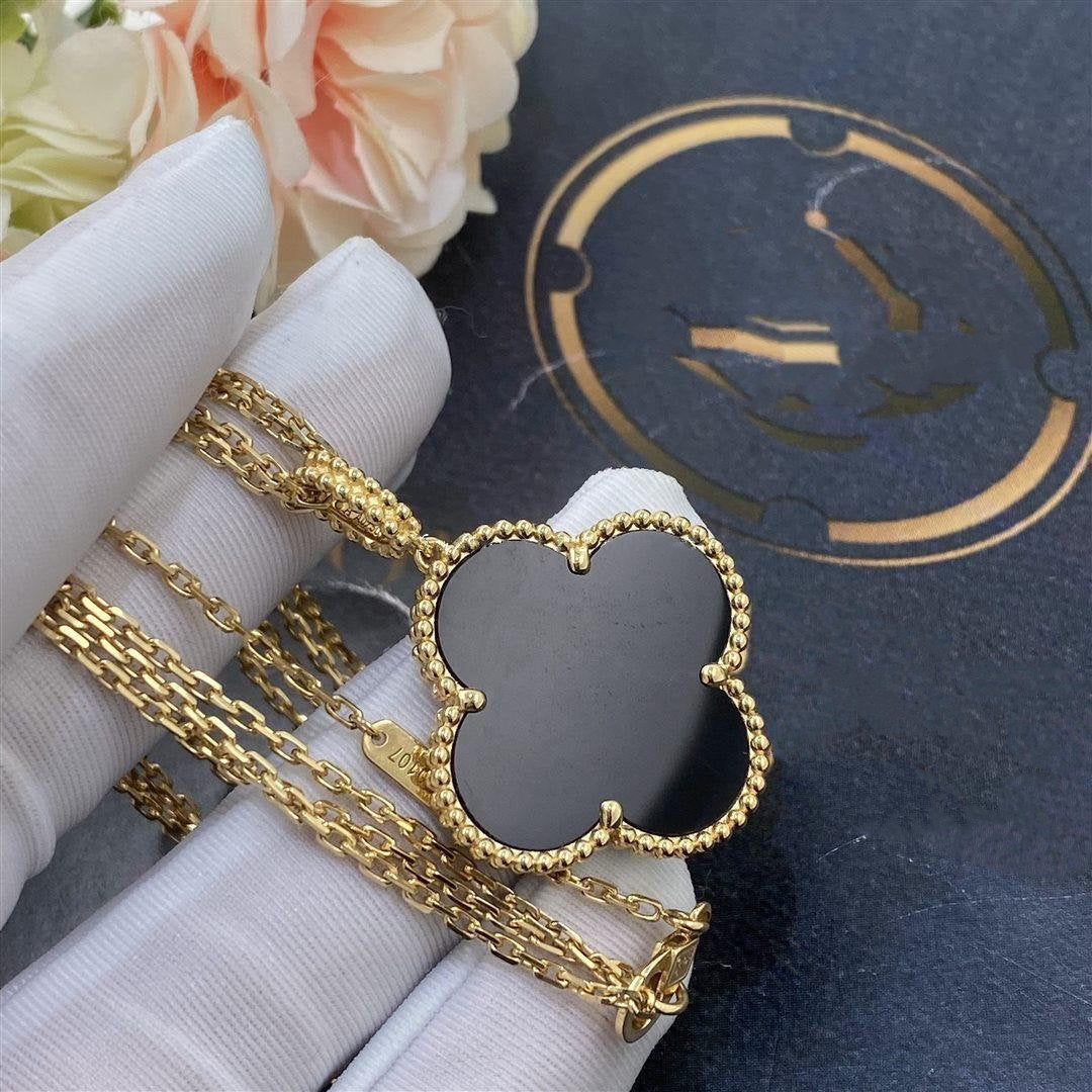 [Vellora Opalyn]CLOVER 25MM GOLD ONYX BIG CLOVER NECKLACE
