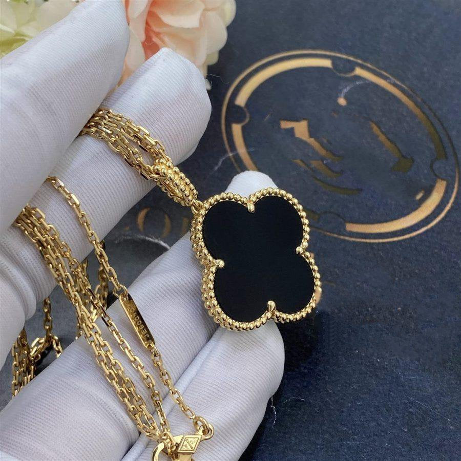 [Vellora Opalyn]CLOVER 25MM GOLD ONYX BIG CLOVER NECKLACE