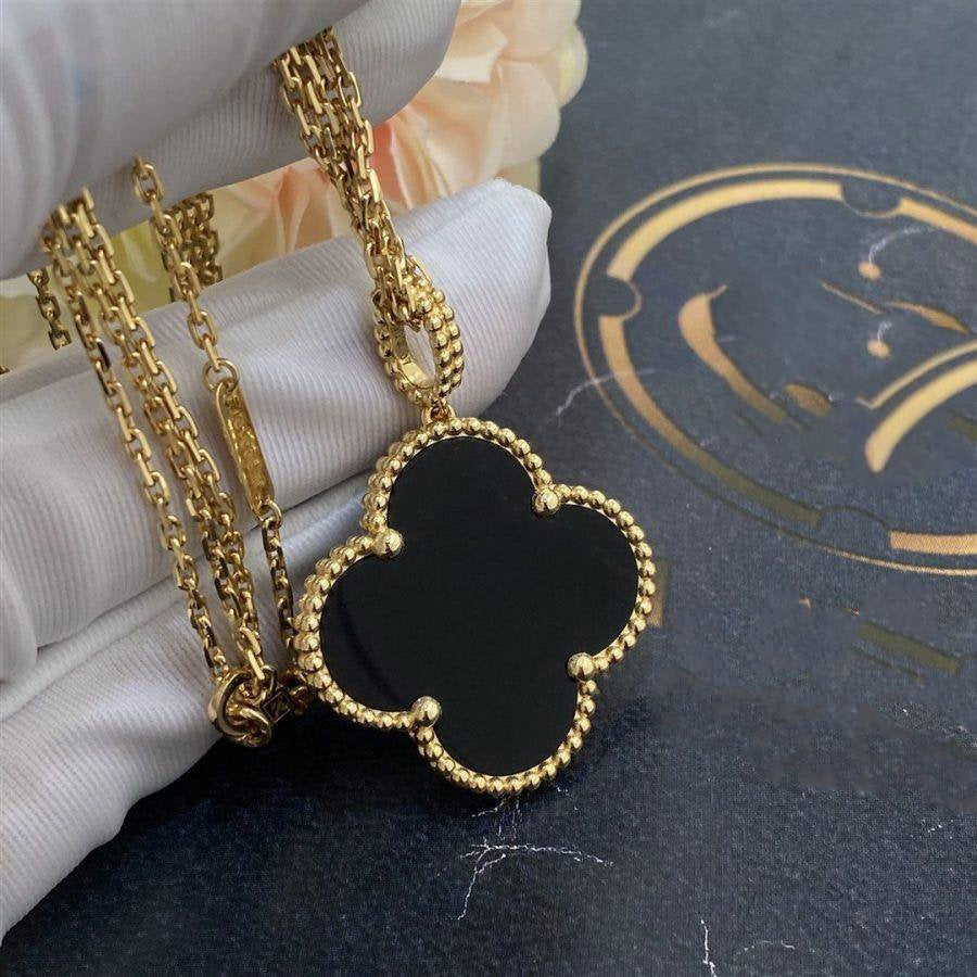 [Vellora Opalyn]CLOVER 25MM GOLD ONYX BIG CLOVER NECKLACE