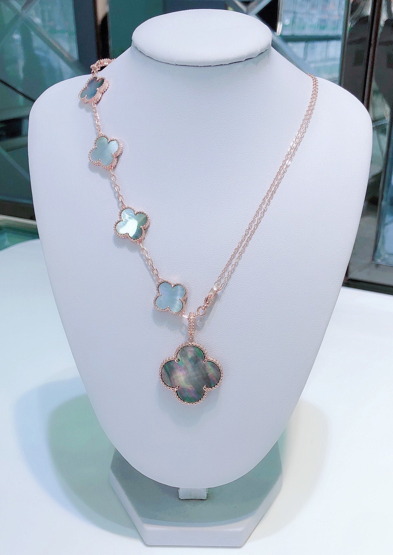[Vellora Opalyn]COMBINED BRACELET 5 MOTIFS AND NECKLACE DARK MOP ROSE GOLD