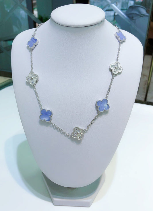 [Vellora Opalyn]CLOVERS THE 10-MOTIFS CHALCEDONY DIAMONDS SILVER NECKLACE