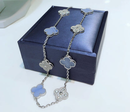 [Vellora Opalyn]CLOVERS THE 10-MOTIFS CHALCEDONY DIAMONDS SILVER NECKLACE