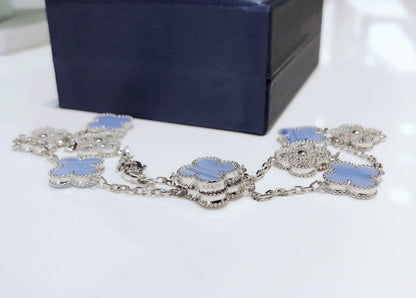 [Vellora Opalyn]CLOVERS THE 10-MOTIFS CHALCEDONY DIAMONDS SILVER NECKLACE