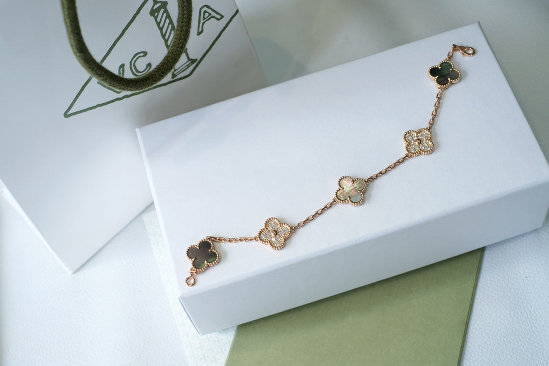 [Vellora Opalyn]CLOVER 5 MOTIFS DARK MOP AND DIAMONDS PINK GOLD BRACELET