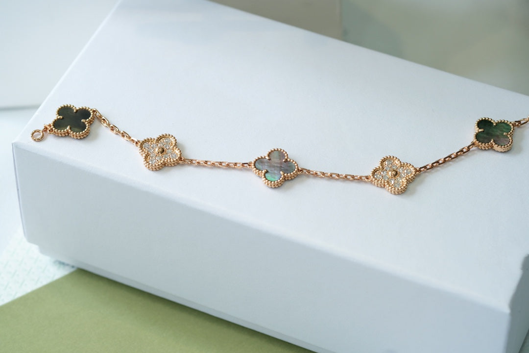 [Vellora Opalyn]CLOVER 5 MOTIFS DARK MOP AND DIAMONDS PINK GOLD BRACELET