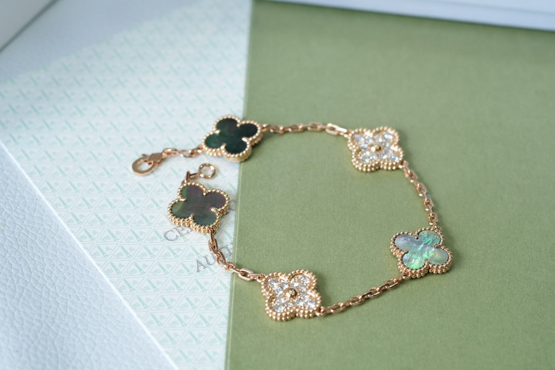 [Vellora Opalyn]CLOVER 5 MOTIFS DARK MOP AND DIAMONDS PINK GOLD BRACELET