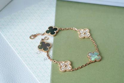 [Vellora Opalyn]CLOVER 5 MOTIFS DARK MOP AND DIAMONDS PINK GOLD BRACELET