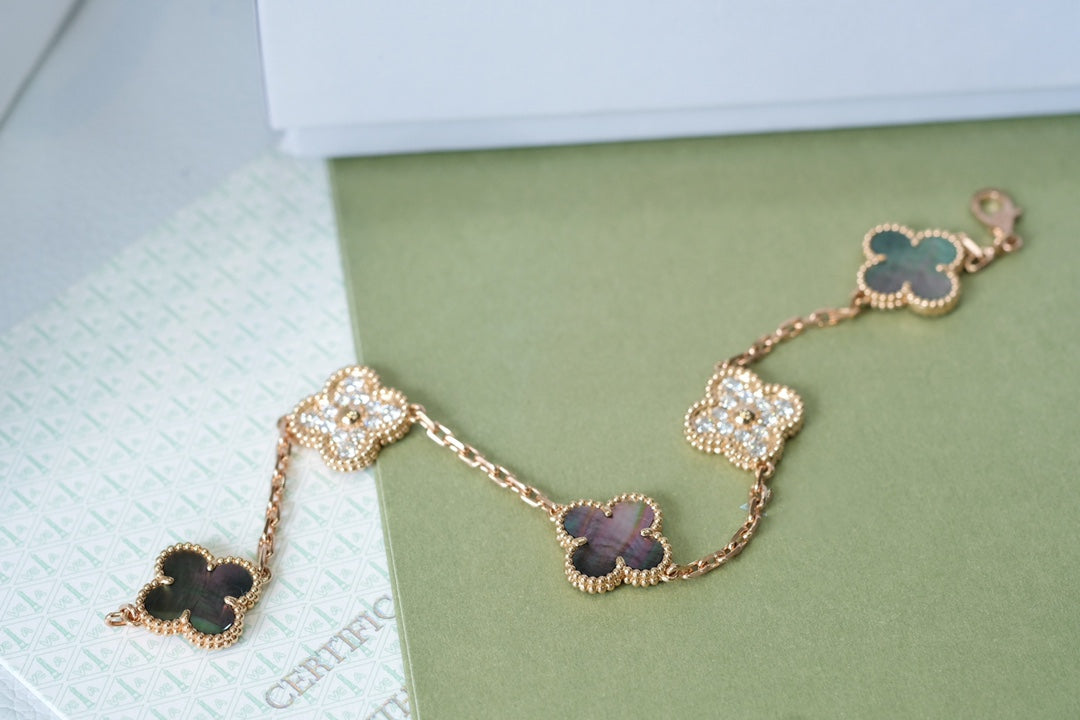 [Vellora Opalyn]CLOVER 5 MOTIFS DARK MOP AND DIAMONDS PINK GOLD BRACELET