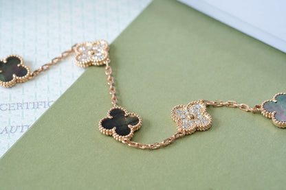 [Vellora Opalyn]CLOVER 5 MOTIFS DARK MOP AND DIAMONDS PINK GOLD BRACELET