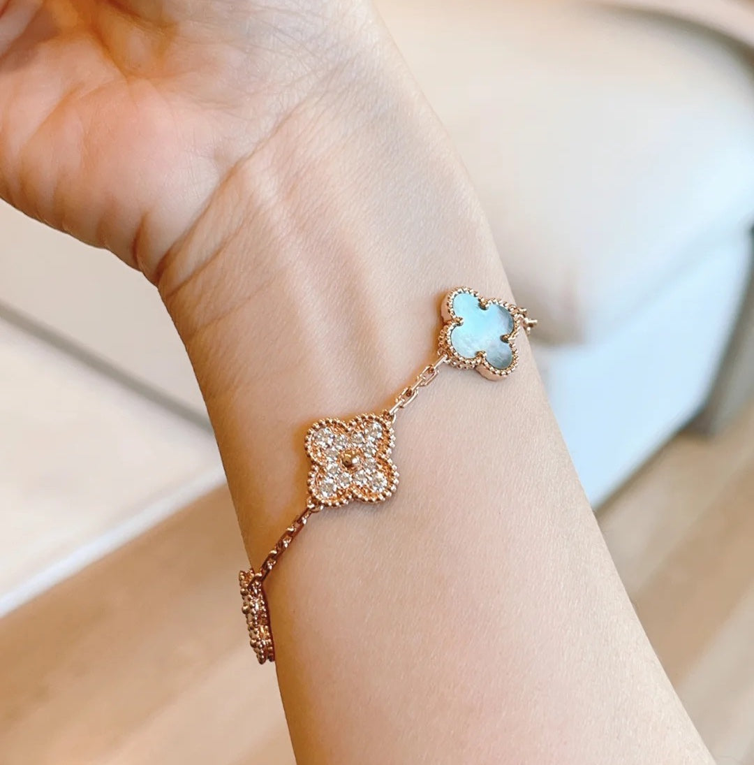 [Vellora Opalyn]CLOVER 5 MOTIFS DARK MOP AND DIAMONDS PINK GOLD BRACELET