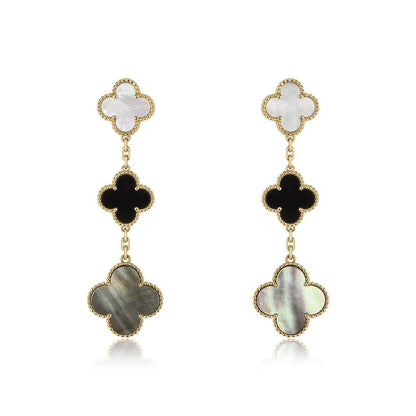 [Vellora Opalyn]CLOVER EARRINGS GOLD ONYX MOP 3 MOTIF
