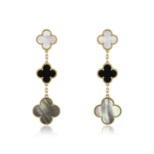 [Vellora Opalyn]CLOVER EARRINGS GOLD ONYX MOP 3 MOTIF
