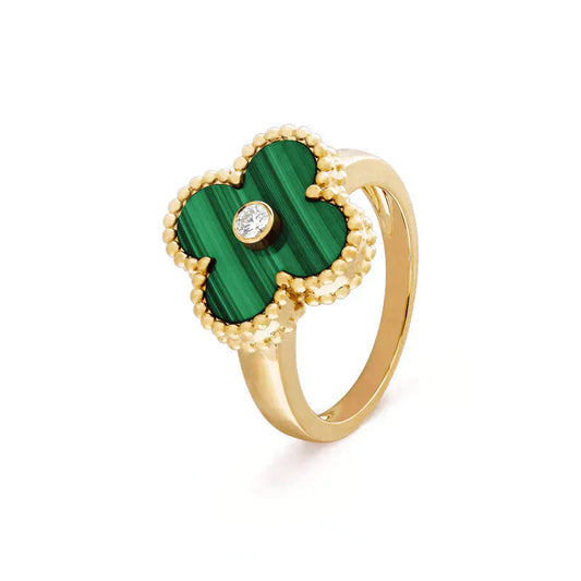 [Vellora Opalyn]CLOVER MALACHITE RING GOLD DIAMOND